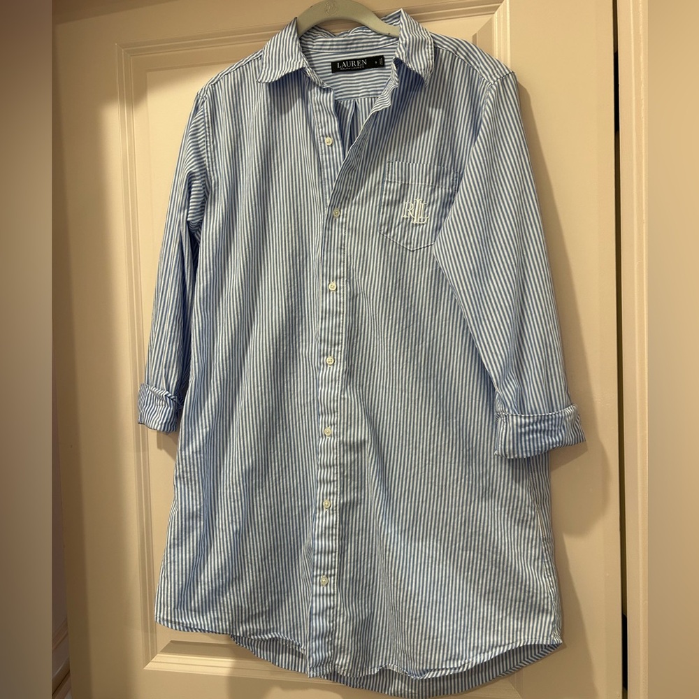 Lauren Ralph Lauren Blue Stripe Cotton Poplin Sleep Shirt Nightgown